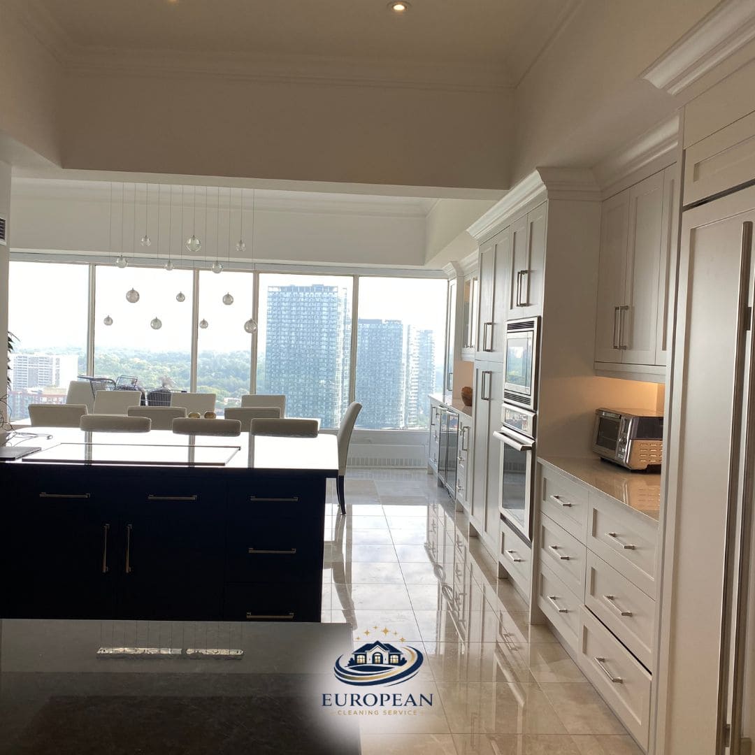 Modern kitchen with city views