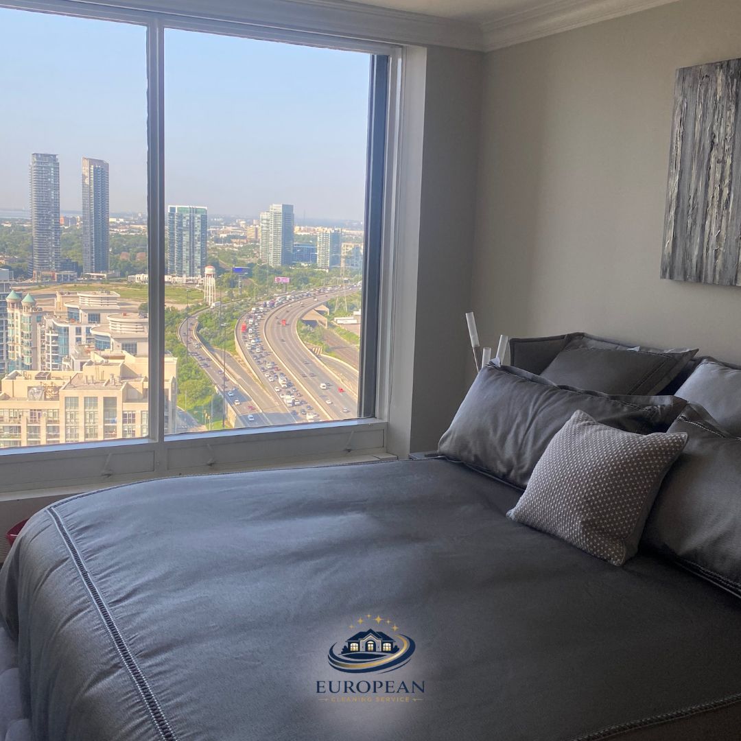 Luxury bedroom with city skyline view